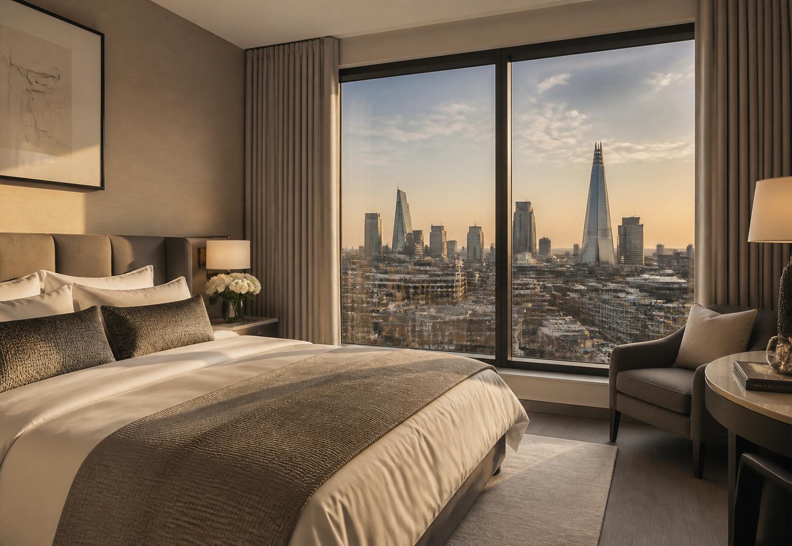 Modern furnished London bedroom with a view of the city skyline